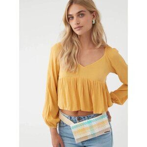NWT Womens O'Neill Babydoll Top Small Yellow Boho Surf Beach Flowy Smocked NEW